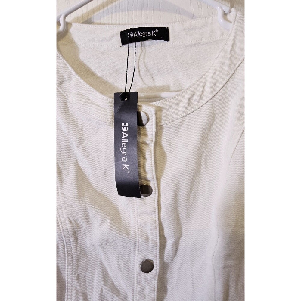 Allegra K Size Lg Denim Collarless long sleeve button down white cropped jacket - Picture 7 of 7